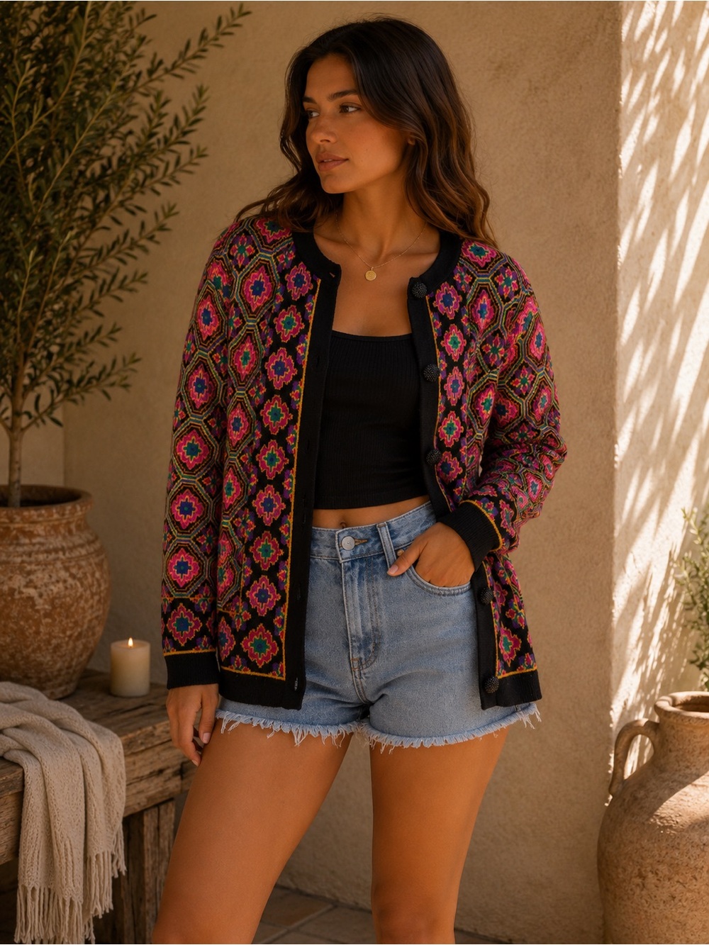 VTG Lola Floral Geo Knit Button up Cardigan - Black & Pink
